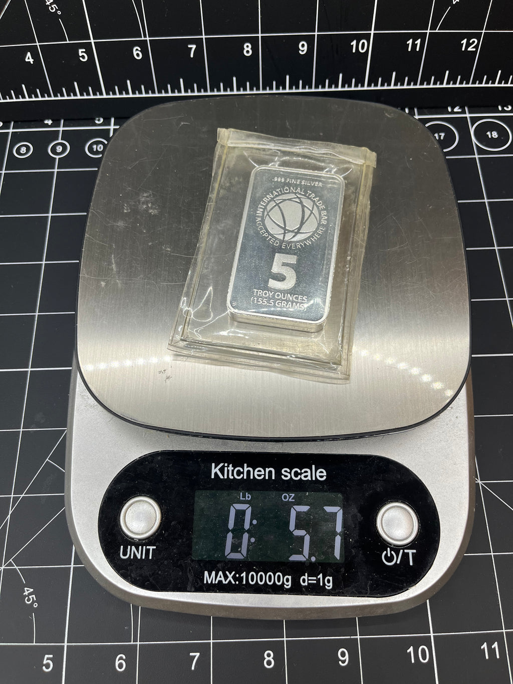 5 troy ounce .999 fine silver bar produced by International Trade Bullion (ITB)