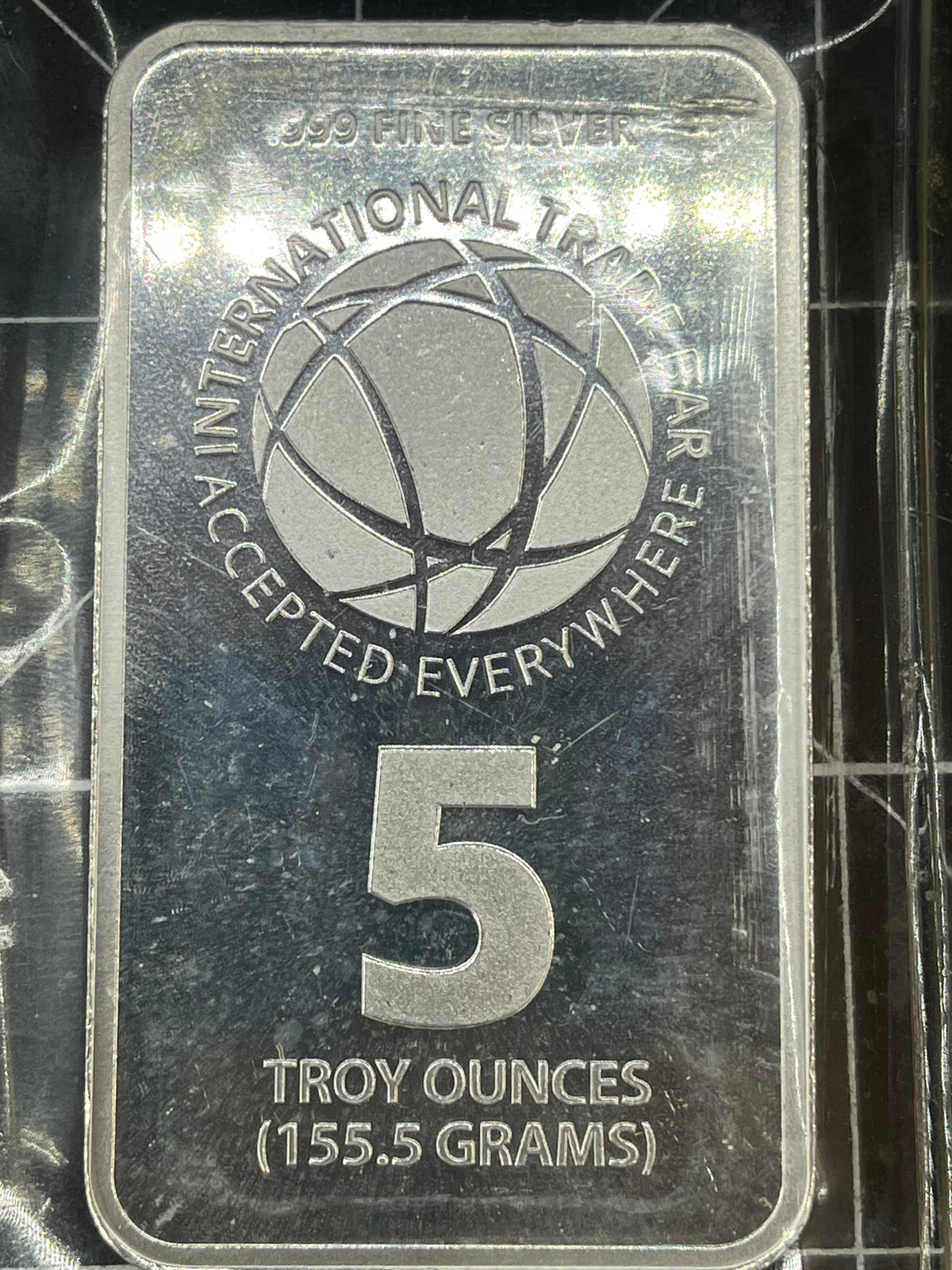 5 troy ounce .999 fine silver bar produced by International Trade Bullion (ITB)
