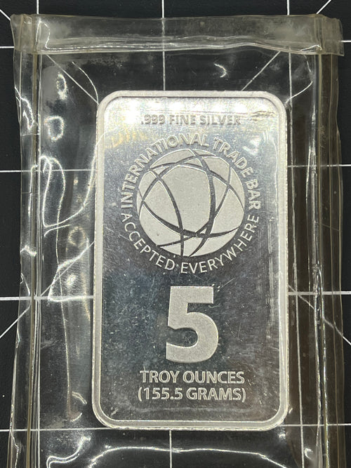5 troy ounce .999 fine silver bar produced by International Trade Bullion (ITB)